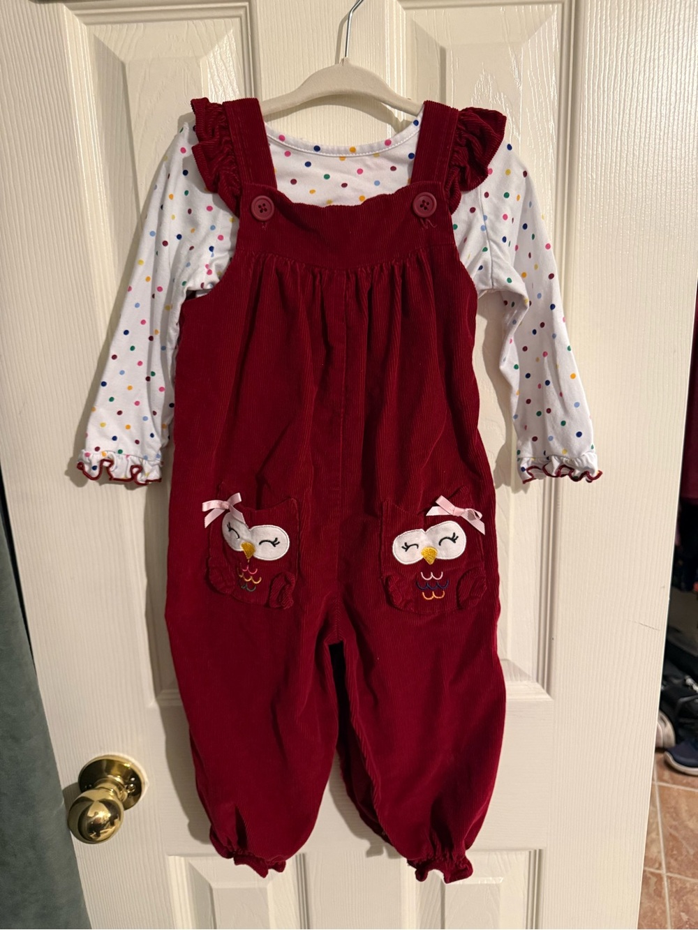 Good Lad Burgundy Corduroy Overalls with Polka Dot Top